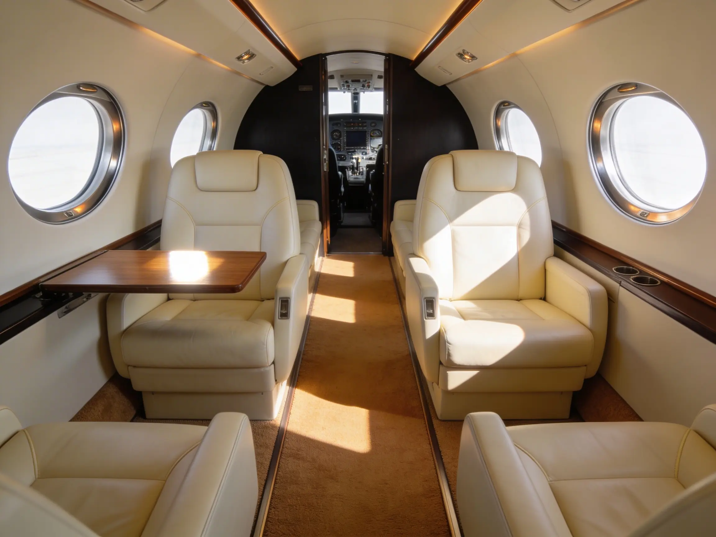 Interior of a light jet cabin with four cream leather club seats